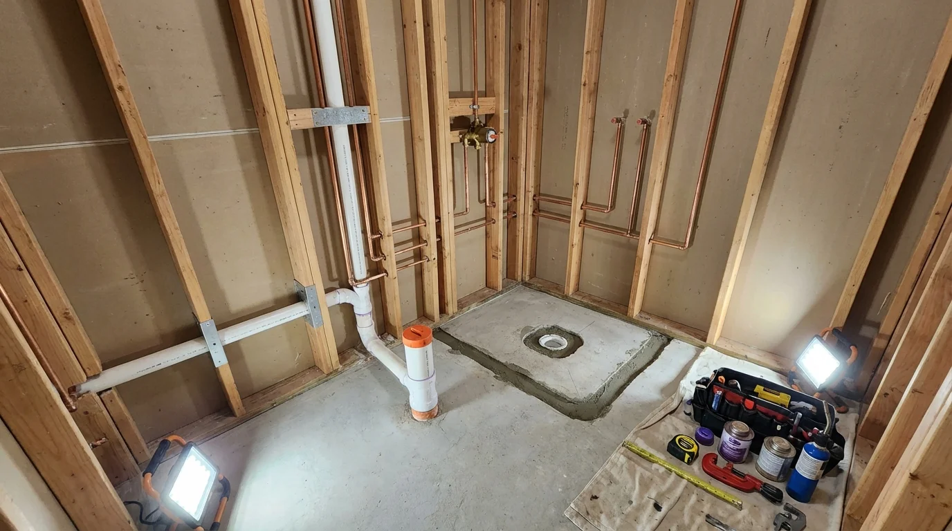 Bathroom rough-in plumbing during remodel by Johns Plumbing LLC in Berkeley Springs