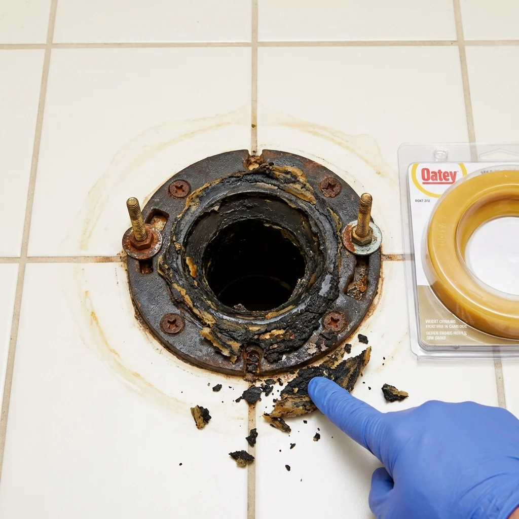Failed wax ring showing water seepage at the base of a toilet in a Berkeley Springs, WV home