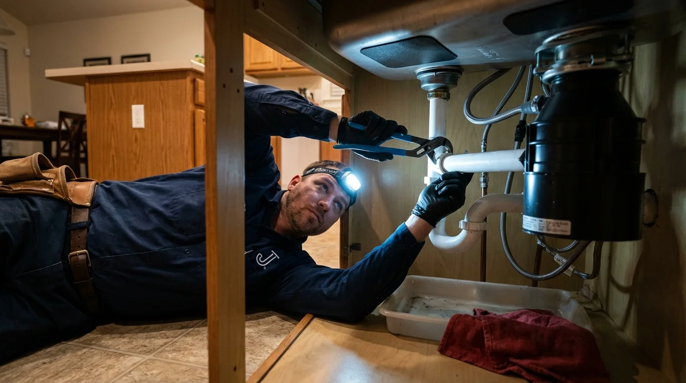 P-trap and supply line connections under a kitchen sink showing a common leak point in Berkeley Springs, WV